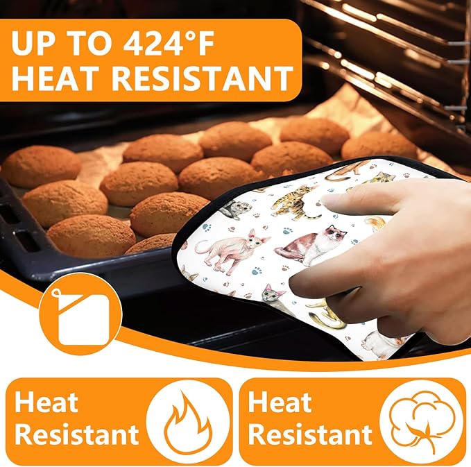 Cute Cats Oven Mitts and Pot Holders Sets 4Pcs,Extra Long Oven Gloves Potholder for Kitchen Cooking Baking BBQ 100% Cotton Heat Resistant - Image 4