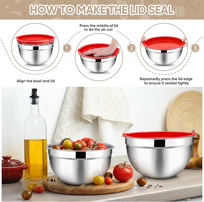 TeamFar Mixing Bowls, 4.5/3/1.5/1/0.7 QT, Stainless Steel Metal Nesting Salad Bowl with Lid Set, Ideal for Mixing Serving, Non-Toxic & Sturdy, Airtight Lid & Easy Clean, Red-Set of 5 - Image 6