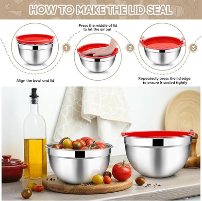 TeamFar Mixing Bowls, 4.5/3/1.5/1/0.7 QT, Stainless Steel Metal Nesting Salad Bowl with Lid Set, Ideal for Mixing Serving, Non-Toxic & Sturdy, Airtight Lid & Easy Clean, Red-Set of 5 - Image 6