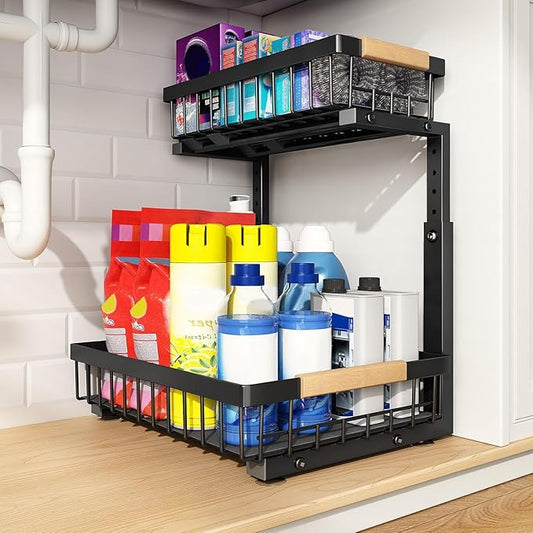 PXRACK Under Sink Organizer, Adjustable Height, 2 Tier Pull Out Under Cabinet Organizer, Slide Out Thickened Metal Under Sink Storage for Kitchen Bathroom Laundry Pantry Cabinet, Black, Large-1-Pack by PXRACK