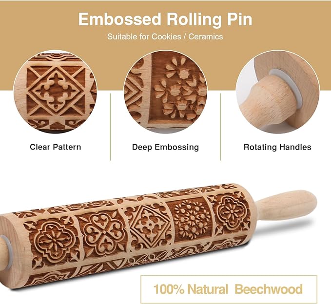 Christmas Embossed Rolling Pin for Baking Cookies Embossing Rolling Pins with Design Wooden Engraved Springerle Roller Pin Dough Patterned Clay Pottery Ceramic Bakers Women (Vintage Square Patterns)