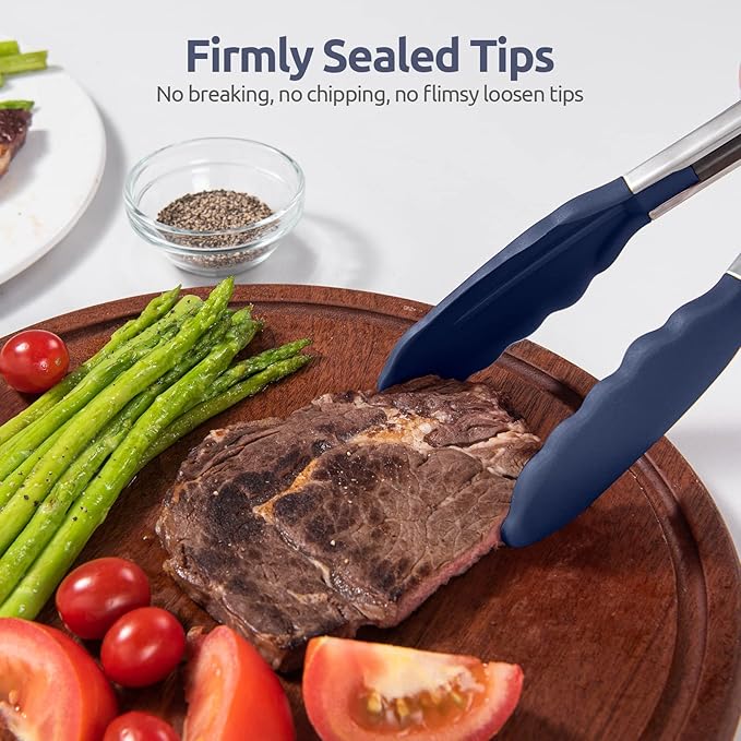 600ºF Heat Resistant Kitchen Tongs: U-Taste 9 in Silicone Cooking Tong with Firm Sealed Non Stick Rubber Tips & Silicon Coated 18/8 Stainless Steel Handle & Smooth Lock for Serving Grill-Midnight Blue - Image 9