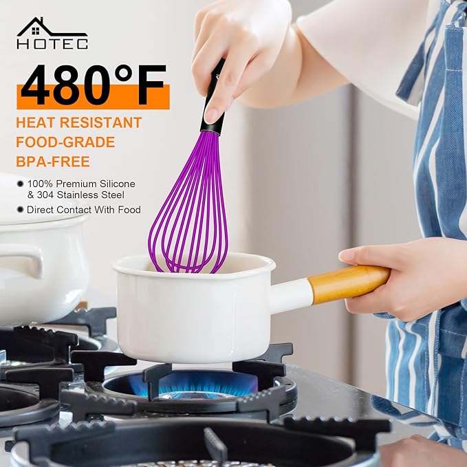 HOTEC 4 Pieces Silicone Whisks for Cooking, Wire Balloon Whisks Egg Beater, Non-Slip Handle Whisk for Non-Stick Cookware Perfect for Stirring, Beating and Blending, Stainless Steel, Purple - Image 2