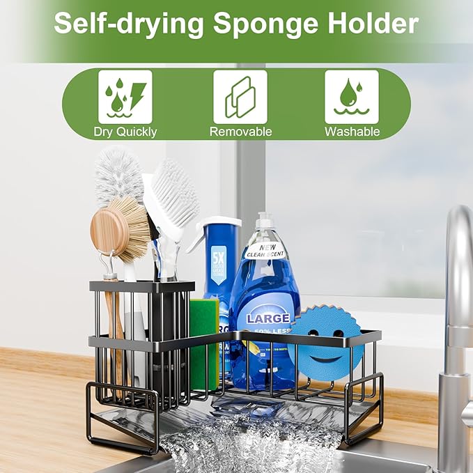 Fikoksol Large Sponge Holder for Kitchen Sink, 90-Degree Sink Caddy Organizer with Dish Brush Holder for Countertop Corner Storage Rack, Metal L-Shaped Kitchen Sink Sponge Soap Organizer Storage Ideas - Image 3