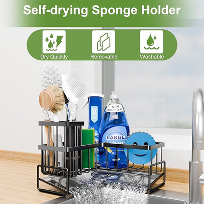 Fikoksol Large Sponge Holder for Kitchen Sink, 90-Degree Sink Caddy Organizer with Dish Brush Holder for Countertop Corner Storage Rack, Metal L-Shaped Kitchen Sink Sponge Soap Organizer Storage Ideas - Image 3