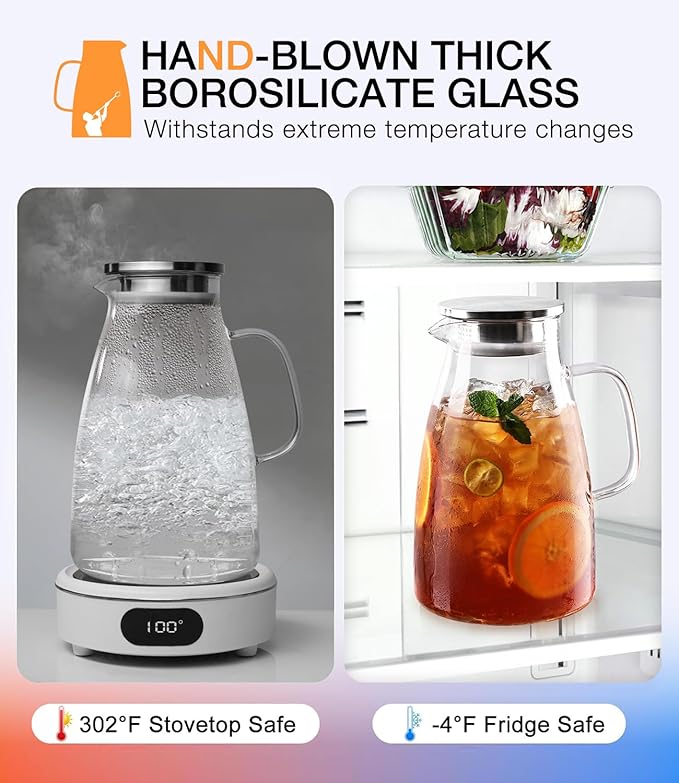 Glass Pitcher with Lid, 1 Gallon 128oz Water Pitcher with Handle and Spout for Fridge, Borosilicate Glass for Iced Tea, Juice, Sangria, Cold/Hot Beverage, Large Jug with Extra Wide Mouth - Image 5