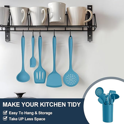 E-far Silicone Cooking Utensils Set, 25 Piece Kitchen Utensils with Holder, Non Toxic Kitchen Tools Spatula, Turner, Spoon, Ladle for Nonstick Cookware, Heat Resistant & Dishwasher Safe - Blue