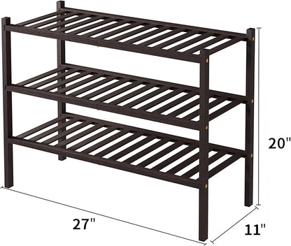 ROMGUAR CRAFT 3 Tier Bamboo Shoe Rack for Closet Free Standing Wood Shoe Shelf for Entryway Small Space Stackable 27"x11"x20" (Brown) - Image 3