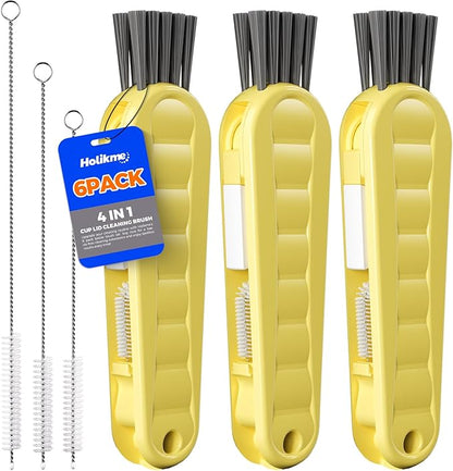 6 Pack Holikme 4 in 1 Cup Lid Cleaning Brush Set with 3 Straws, Multifunctional Bottle Brush, Silicone Cup Lid Gap Cleaner, Durable Bristle Crevice Cleaning Brush, Yellow by Holikme