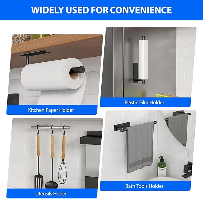 Paper Towel Holder Under Cabinet, Self-Adhesive,No Drilling, Stainless Steel, Wall-Mounted for Kitchen and Bathroom, Easy Install, Durable, Space-Saving, Ideal for Home, RV (Black, 1 Pack) - Image 4