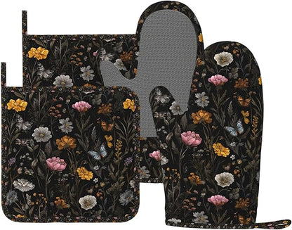 Oven Mitts and Pot Holders Flower Butterfly Boho Botanical Silicone Kitchen Accessories Set of 4 Heat Resistant Long Gloves Potholder Non-Slip Grip for Chef Baking Cooking Grilling BBQ