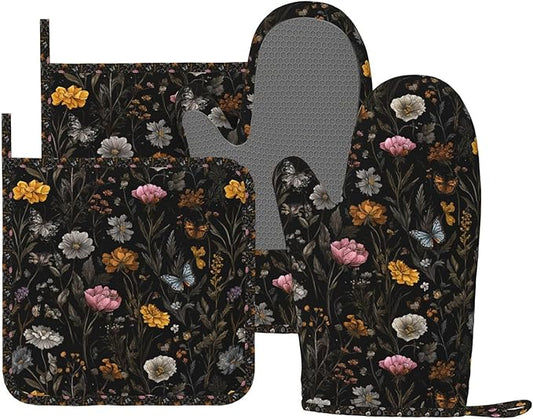 Oven Mitts and Pot Holders Flower Butterfly Boho Botanical Silicone Kitchen Accessories Set of 4 Heat Resistant Long Gloves Potholder Non-Slip Grip for Chef Baking Cooking Grilling BBQ
