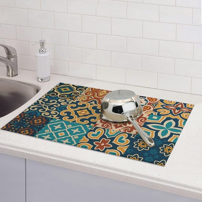 Talavera Mexican Tiles Dish Drying Mats for Kitchen Counter, Large 18"x24" Dish Mats for Drying Dishes, Microfiber Absorbent Dish Drying Pad Rack Mat Kitchen Decor Reusable Washable