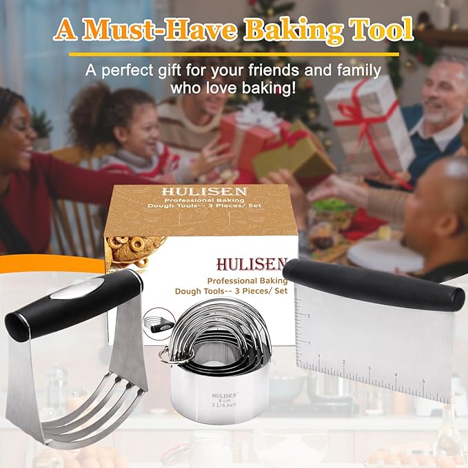 HULISEN Stainless Steel Biscuit Cutter Set, Pastry Scraper and Dough Blender, Sturdy & Long-Lasting with Ergonomic Rubber Grip, Professional Baking Dough Tools, Gift Package (3 Pcs/Set) - Image 2