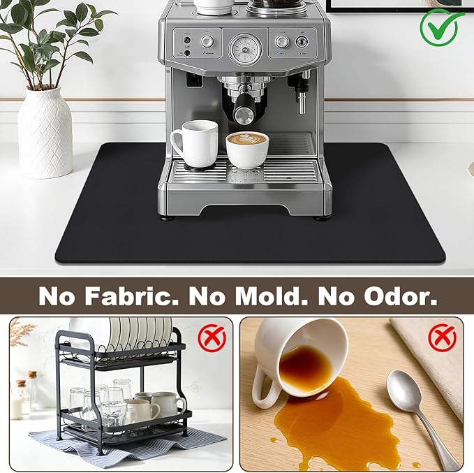 Coffee Mat,Absorbent Dish Drying Mat for Kitchen Counter,Coffee Bar Mat,Non-Slip Rubber Backed,Hide Stains & Quick Dry,for Espresso Machine,Coffee Station,Cups & Sink,16" x 24"(Black)