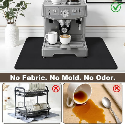 Coffee Mat,Absorbent Dish Drying Mat for Kitchen Counter,Coffee Bar Mat,Non-Slip Rubber Backed,Hide Stains & Quick Dry,for Espresso Machine,Coffee Station,Cups & Sink,16" x 24"(Black)