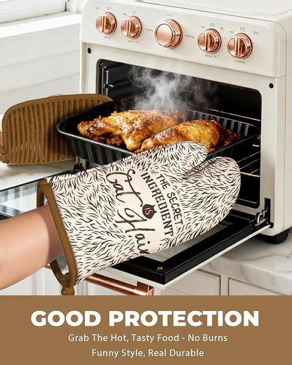 Slohif Funny Oven Mitts and Pot Holder for Women - Heat Resistant Brown Cute Novelty Kitchen Oven Mittens 100% Cotton, Non-Slip Silicone Surface Pot Holder for Baking and Cooking Accessories