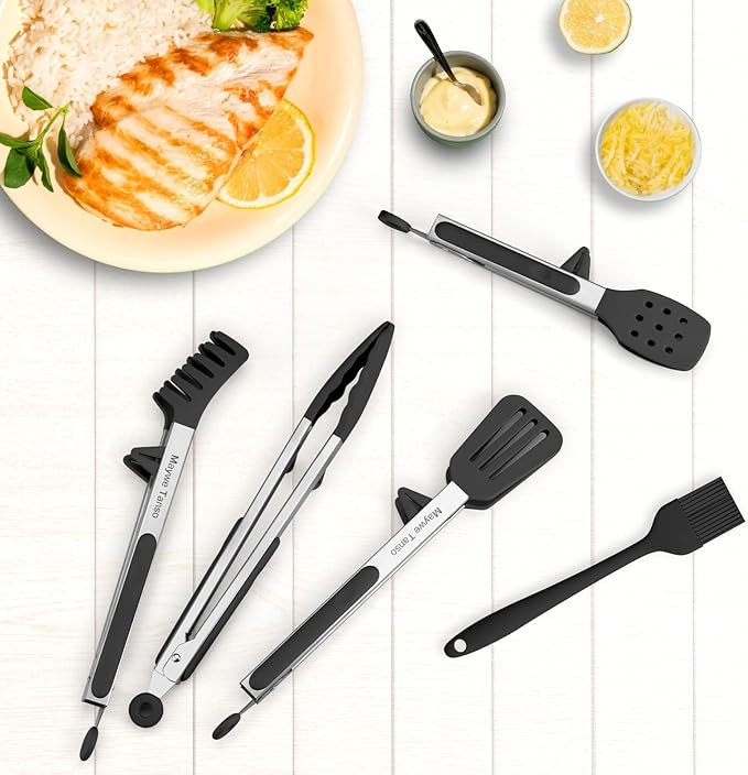 5-Pack Silicone Tongs for Cooking,Maywe Tanso 4PCS 13-Inch Kitchen Tongs with Silicone Tips,Nonstick Stainless Steel Tong for Steak Pie Pizza Pasta Spaghetti Salad BBQ Buffet,Plus Brush - Image 4