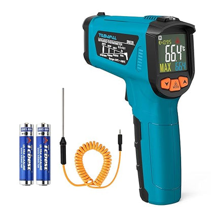 Tilswall Infrared Thermometer, -58°F to 1472°F(-50~800°C), Non-Contact Digital Laser Thermometer with Probe, Adjustable Emissivity, High/Low Temperature Alarm, for Cooking/BBQ/Freezer(NOT for Human)