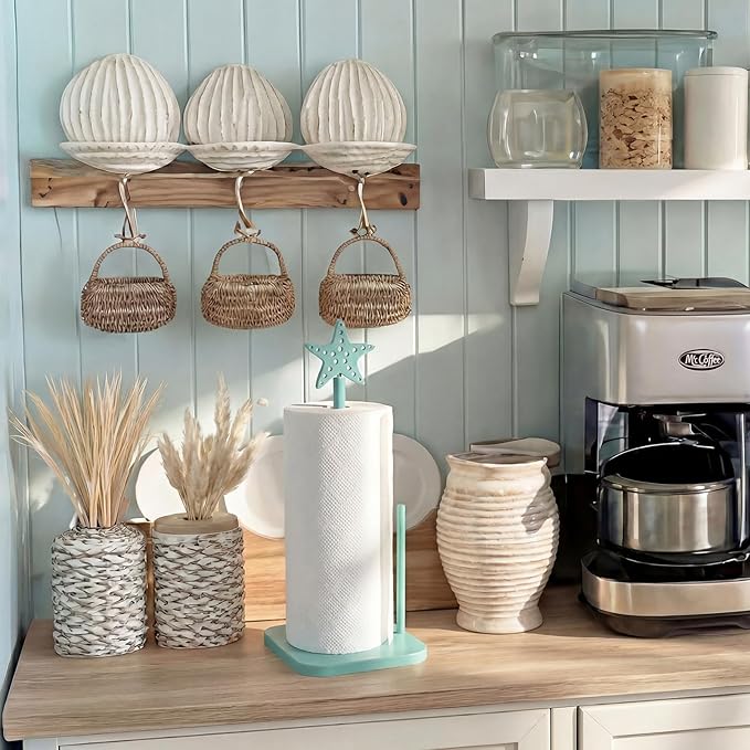 Leinuosen Beach Starfish Paper Towel Holder Rustic Beach Coastal Wooden Paper Towel Holder Turquoise Blue Nautical Ocean Bathroom Accessories Kitchen Roll Stand Organizer Apartment Housewarming Gift