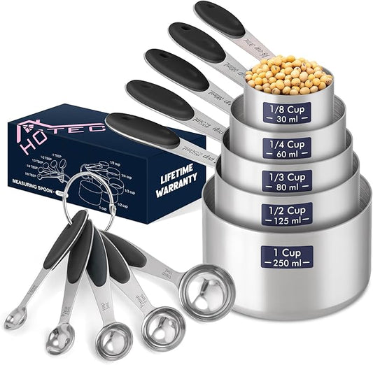HOTEC 10-PACK Measuring Cups and Spoons Set, Kitchen Gadagets Cooking Baking,Heavy Duty & Dishwasher Safe for Dry and Liquid Ingredients,Black by Hotec
