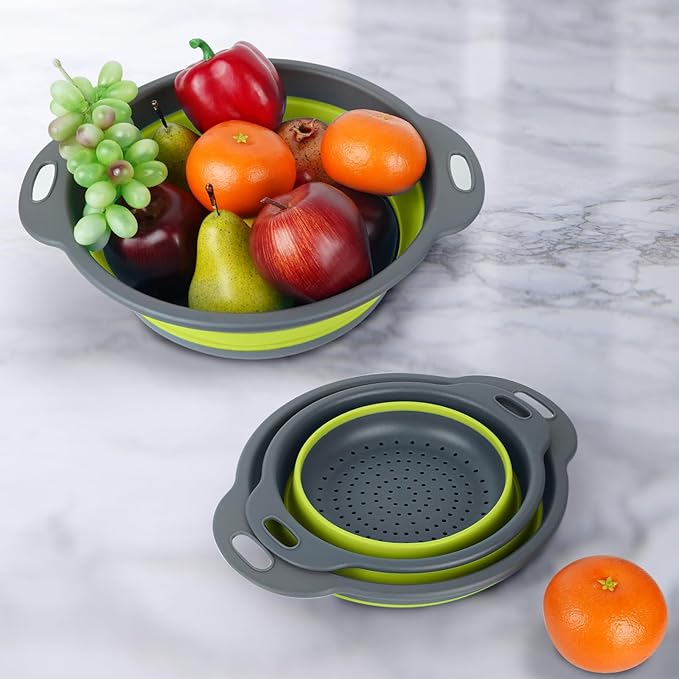 Collapsible Colander 3-Pack Set Space-Saving Foldable Kitchen Strainer with Non-Slip Base Durable Thickened PP+TPE Collapsible Strainers for Pasta, Vegetables, Fruits (Gray-Green) - Image 3