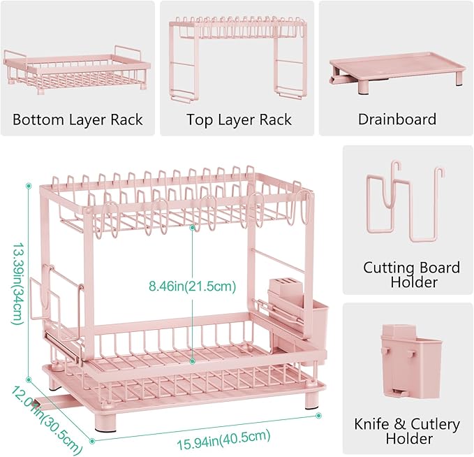 Multifunctional Dish Drying Rack - Rustproof, 2-Tier Dish Racks with Drainboard, Space-Saving Design, Utensil & Cup Holder for Kitchen Counter, Pink - Image 6