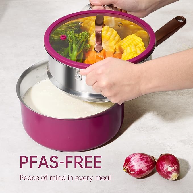 CAROTE 1.5Qt & 3.0Qt Stainless Steel Saucepan Set with Steamer & Ladle, Non-Toxic 3-Ply Stainless Steel Pot with Lids, Small Pots for Cooking, Oven Safe, Induction Compatible Cookware, Purple - Image 4