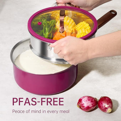 CAROTE 1.5Qt & 3.0Qt Stainless Steel Saucepan Set with Steamer & Ladle, Non-Toxic 3-Ply Stainless Steel Pot with Lids, Small Pots for Cooking, Oven Safe, Induction Compatible Cookware, Purple - Image 4