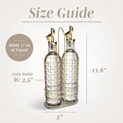 COOK WITH COLOR Glass Olive Oil Bottle Dispenser - 2 Pack- 17oz Oil and Vinegar Cruet - Olive Oil Carafe Decanter for Kitchen, Checkered, Brown - Image 5