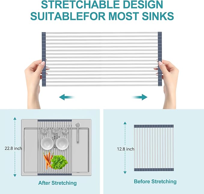 BBXTYLY Extra Large Expandable Roll Up Dish Drying Rack,Over The Sink Drying Rack Sink Cover Kitchen Sink Accessories Kitchen Rolling up Stainless Steel Drainer, Foldable,Rollable（Gray，25.1''-12.4''） - Image 4