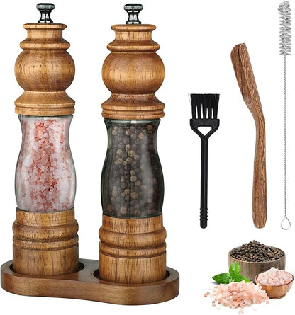Wooden Salt and Pepper Grinder Set with Wooden Tray and Spoon, 8 Inch Manual Salt and Pepper Mill, Adjustable Coarseness, Refillable with Ceramic Core for Spices, Clear Acrylic Chamber