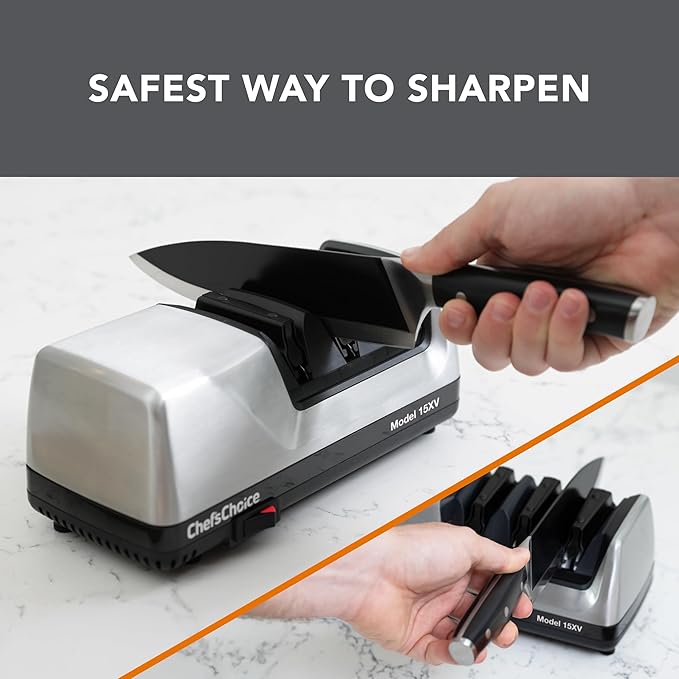 Chef'sChoice 15XV Professional Electric Knife Sharpener with Durable Metal Housing & 100-Percent Diamond Abrasives and Precision Angle Guides for Straight Edge and Serrated Knives, 3-Stage, Metallic - Image 6