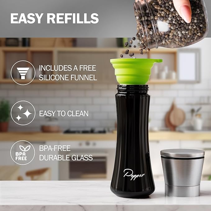 HOME EC Stainless Steel Salt and Pepper Grinder Set of 2 - Adjustable Ceramic Sea Salt Grinder & Pepper Grinder - Glass Salt and Pepper Shakers - Pepper Mill & Salt Mill W/Funnel - Black and White - Image 4