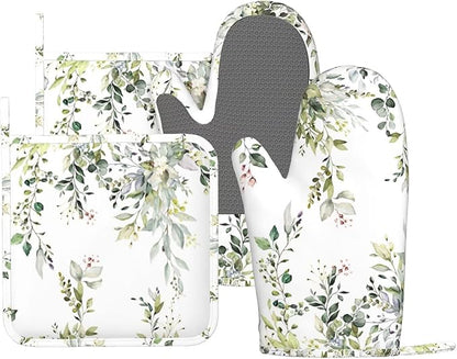 Sage Green Eucalyptus Oven Mitts and Pot Holders Sets Silicone Watercolor Butterfly Leaves Kitchen Mitts Potholders Heat Resistant 4Pcs Oven Gloves Hot Pads for Kitchen Baking Cooking