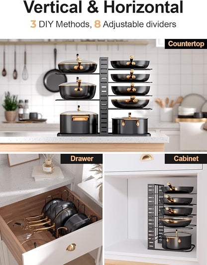 MUDEELA Pots and Pans Organizer Rack under Cabinet 14.55in Height, 8-Tiers Adjustable Pot Rack with 3 DIY Methods, Pot Lid Organizer inside Cabinet for Kitchen Pantry Organization and Storage - Image 6
