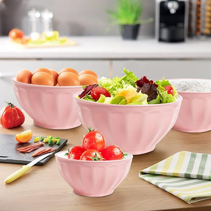 Mixing Bowls with Lids Set,4 Piece Large Plastic Nesting Bowls,Includes 4 Microwave safe Mixing Bowl and An Egg Whisk for Kitchen Prepping,Baking,Cooking Food, Pink
