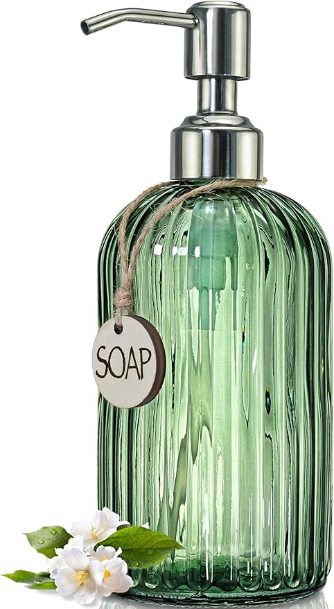 JASAI 18Oz Green Soap Dispenser with Rust Proof Pump, Refillable Bathroom Soap Dispenser with Thick Glass, Kitchen soap Dispenser for Dish soap, Hand Soap, Lotion, Body Wash. by JASAIHOME