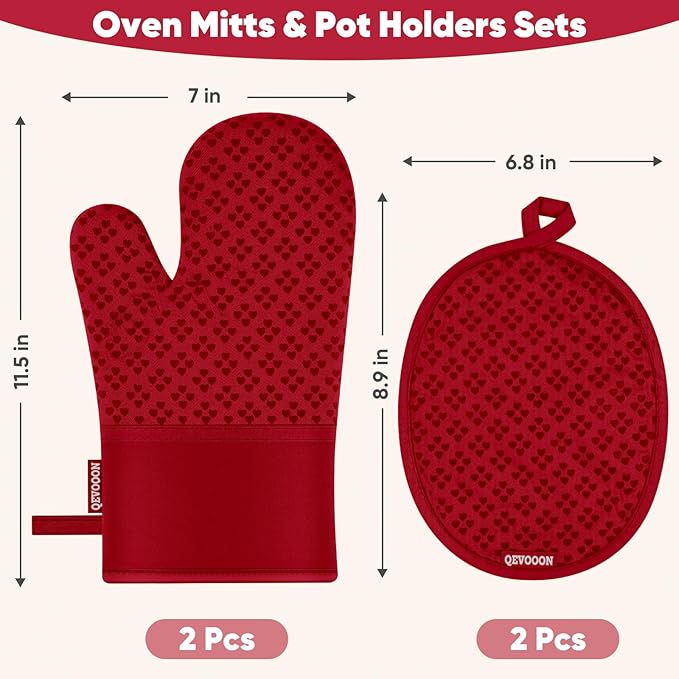 Oven Mitts and Pot Holders 4 Sets, Heat Resistant 500 ℉ Oven Mitt and Pot Holder,Oven Glove&Potholders with Non-Slip Silicone Surface,Kitchen Essentials for Cooking/Baking/BBQ-Red - Image 2