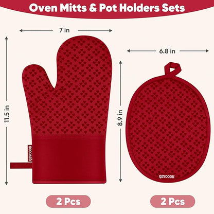 Oven Mitts and Pot Holders 4 Sets, Heat Resistant 500 ℉ Oven Mitt and Pot Holder,Oven Glove&Potholders with Non-Slip Silicone Surface,Kitchen Essentials for Cooking/Baking/BBQ-Red - Image 2