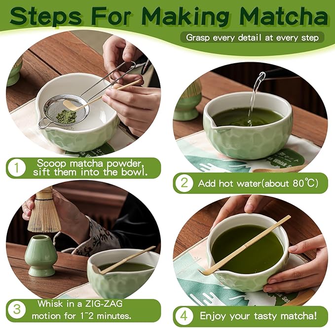 Clay&Fire Matcha Whisk Set, 9 pcs Ceramic Matcha Set, Gifts for Women,Matcha Bowl with Spout and Whisk, Matcha Kit for Matcha Lovers, Ideal Gift Christmas, Birthday, Anniversary(Pink) (Jade Green) - Image 4