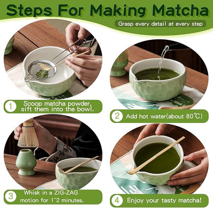 Clay&Fire Matcha Whisk Set, 9 pcs Ceramic Matcha Set, Gifts for Women,Matcha Bowl with Spout and Whisk, Matcha Kit for Matcha Lovers, Ideal Gift Christmas, Birthday, Anniversary(Pink) (Jade Green) - Image 4