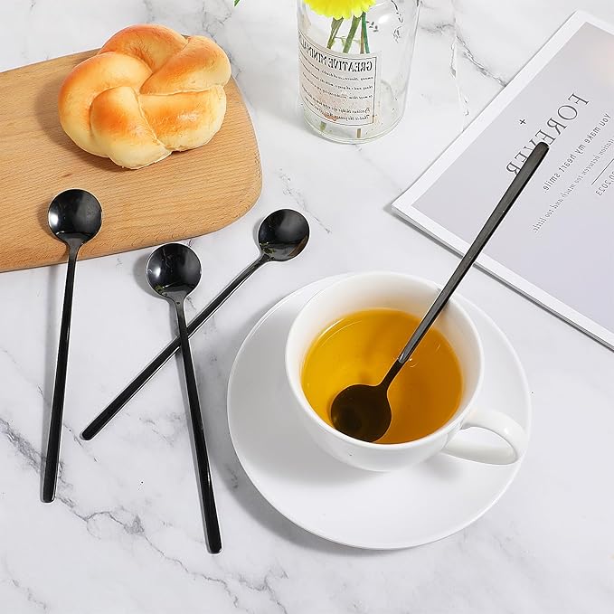 Gjinxi 4pc Satin Black Stainless Steel Coffee Spoons, 6.7 Inch Mini Teaspoons Set, Iced Tea & Espresso Stirrer, Matte Black Teaspoons, Dessert & Large Round Head Spoon