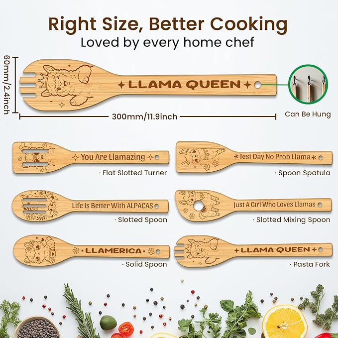 CUTHOLLOW 6PCS Alpacas Wooden Kitchen Cooking Utensil Set, 11.9in Non Toxic Bamboo Wood Spoon Set for Cooking, Best Housewarming Birthday Thanksgiving Christmas Gift for Women Mother