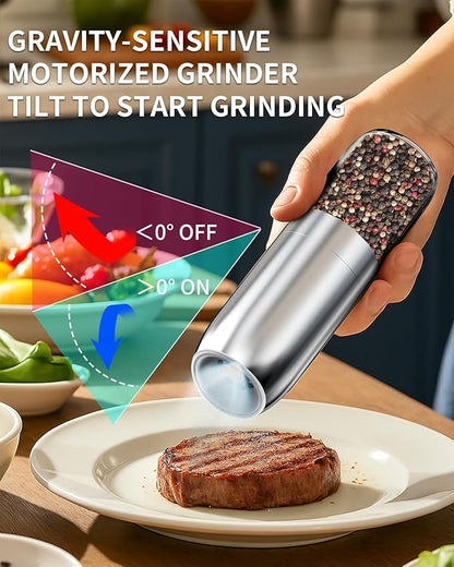 CIRCLE JOY Gravity Electric Salt and Pepper Grinder Set, Battery Powered Automatic Pepper Mills with Adjustable Coarseness, One Hand Operation, 176ml Large Container, Silver - Includes 8 Batteries - Image 2