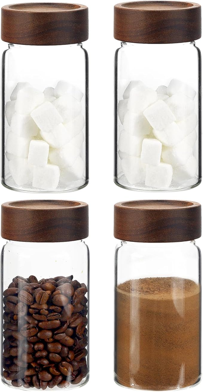 8 oz Small Glass Spice Jars with Airtight Wood Acacia Lid 4 PCS,Clear Coffee Ground Storage Canister Round Glass Spice Jar for Pantry Sugar Tea Bean Nuts Cookies Salts Seasoning - Image 2