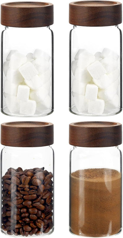 8 oz Small Glass Spice Jars with Airtight Wood Acacia Lid 4 PCS,Clear Coffee Ground Storage Canister Round Glass Spice Jar for Pantry Sugar Tea Bean Nuts Cookies Salts Seasoning - Image 2