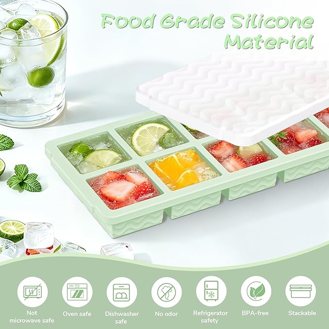 Doasuwish Ice Cube Trays with Lid, 3 Pack 10 Cubes 2 Tbsp. Silicone Ice Cube Trays for Freezer, Perfect for Freezing and Storing Ice Cubes, Chocolates, Sauces, Juices, Fruit Purees and More, BPA Free