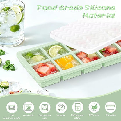 Doasuwish Ice Cube Trays with Lid, 3 Pack 10 Cubes 2 Tbsp. Silicone Ice Cube Trays for Freezer, Perfect for Freezing and Storing Ice Cubes, Chocolates, Sauces, Juices, Fruit Purees and More, BPA Free