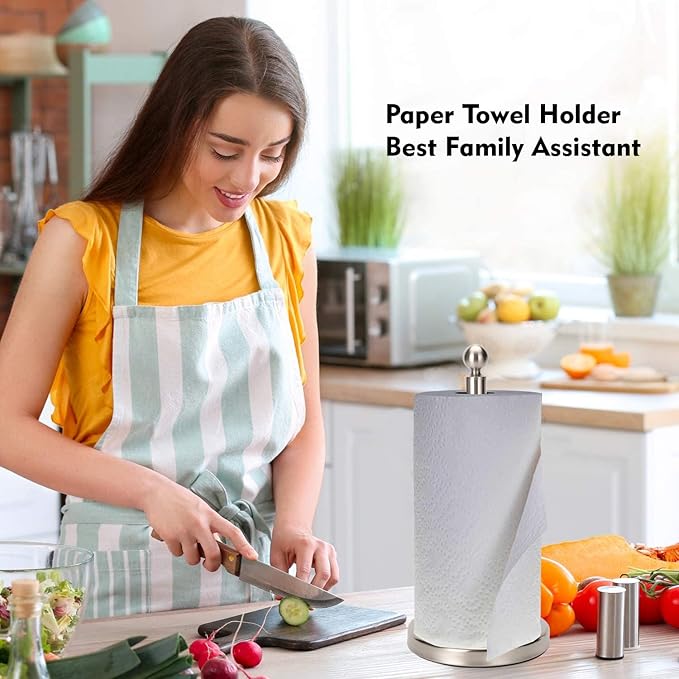 Kalitro Paper Towel Holder Countertop, Standing Paper Towel Roll Holder for Kitchen Bathroom, with Weighted Base for One-Handed Operation (Stainless Steel Base, Brushed Nickel) - Image 8